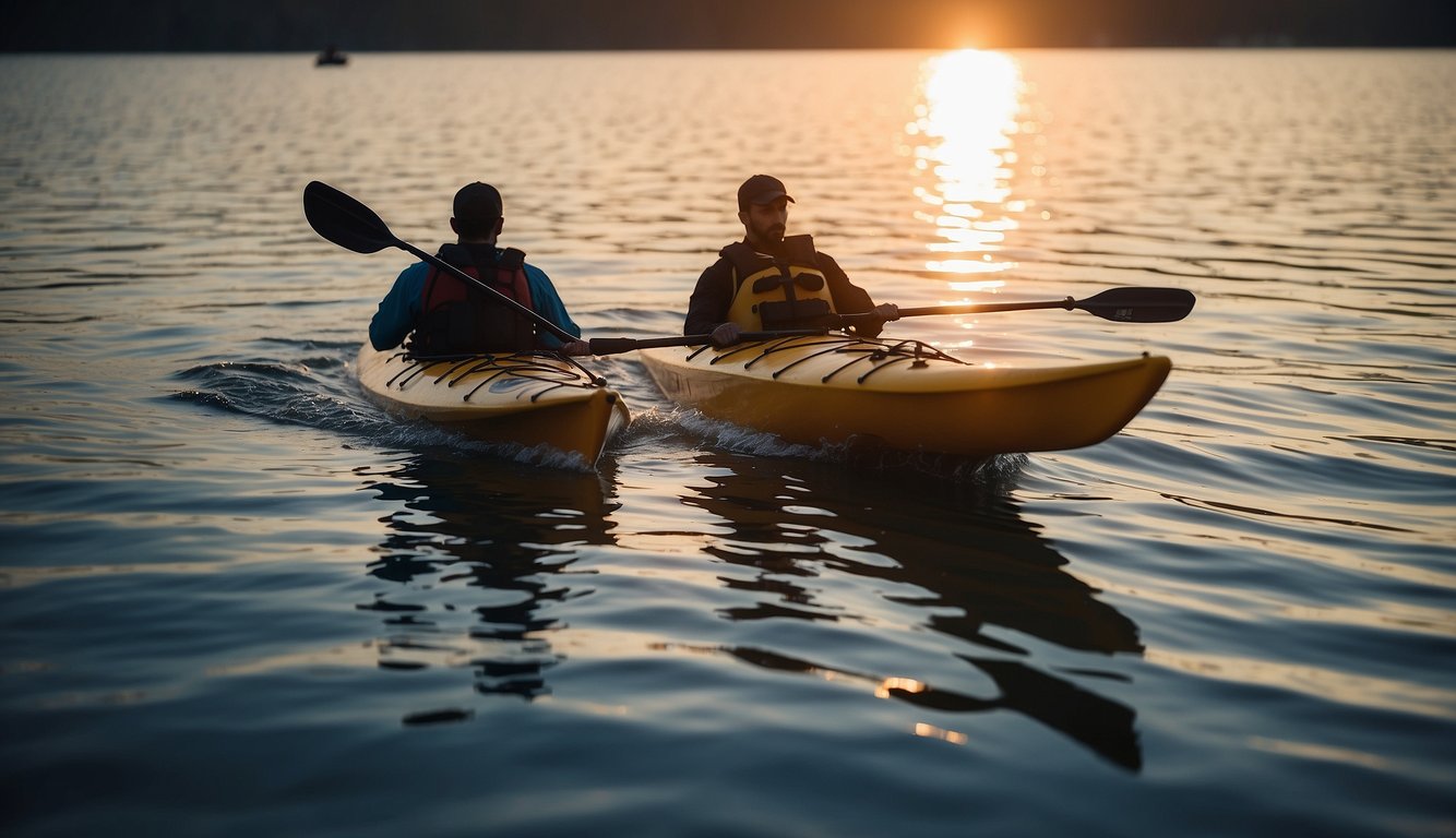 A kayak being towed by a boat on calm water. The kayak is securely attached to the boat with a tow line, and the boat is moving forward at a steady pace