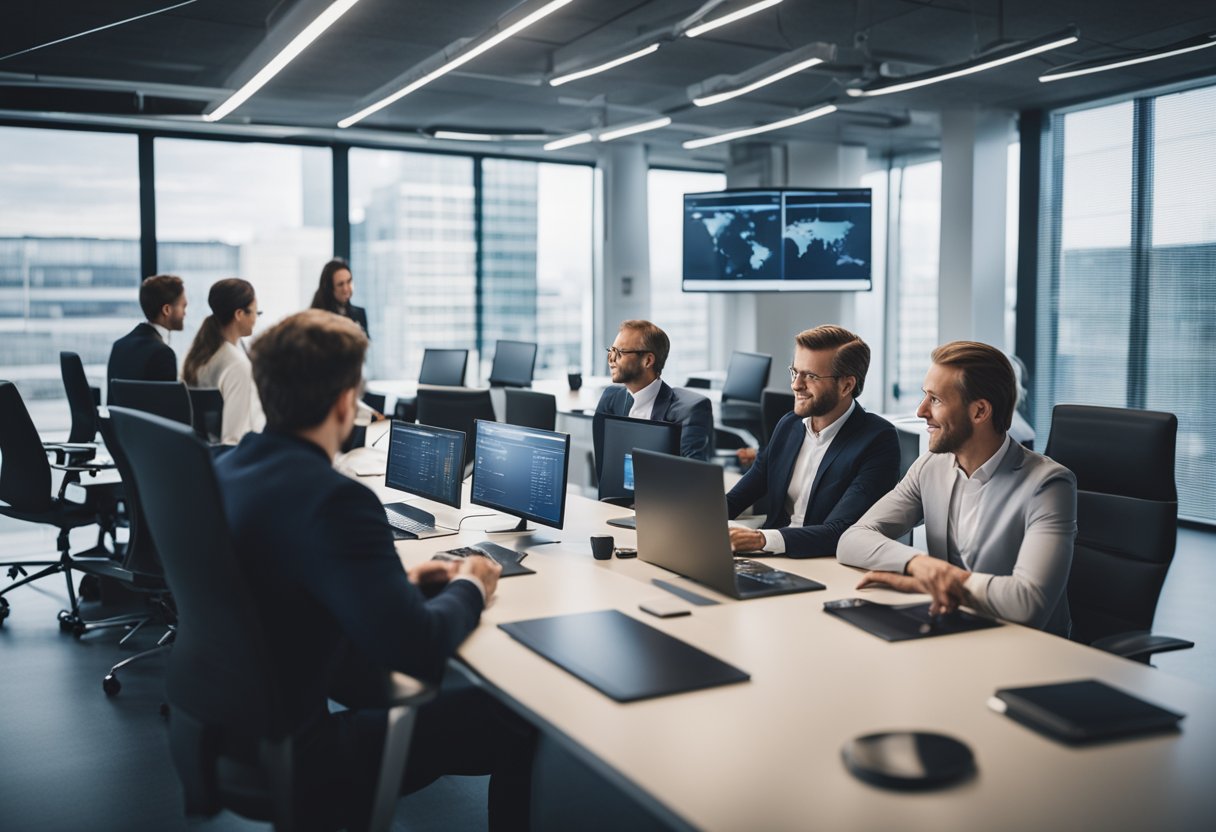 A group of Danish tech investment funds meeting in a modern office setting with computers and charts
