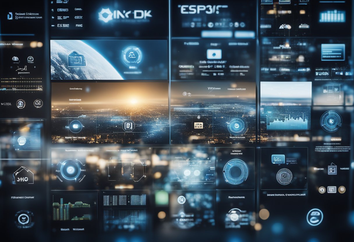 A group of Danish tech investment funds, with logos and names displayed, surrounded by futuristic technology and digital screens