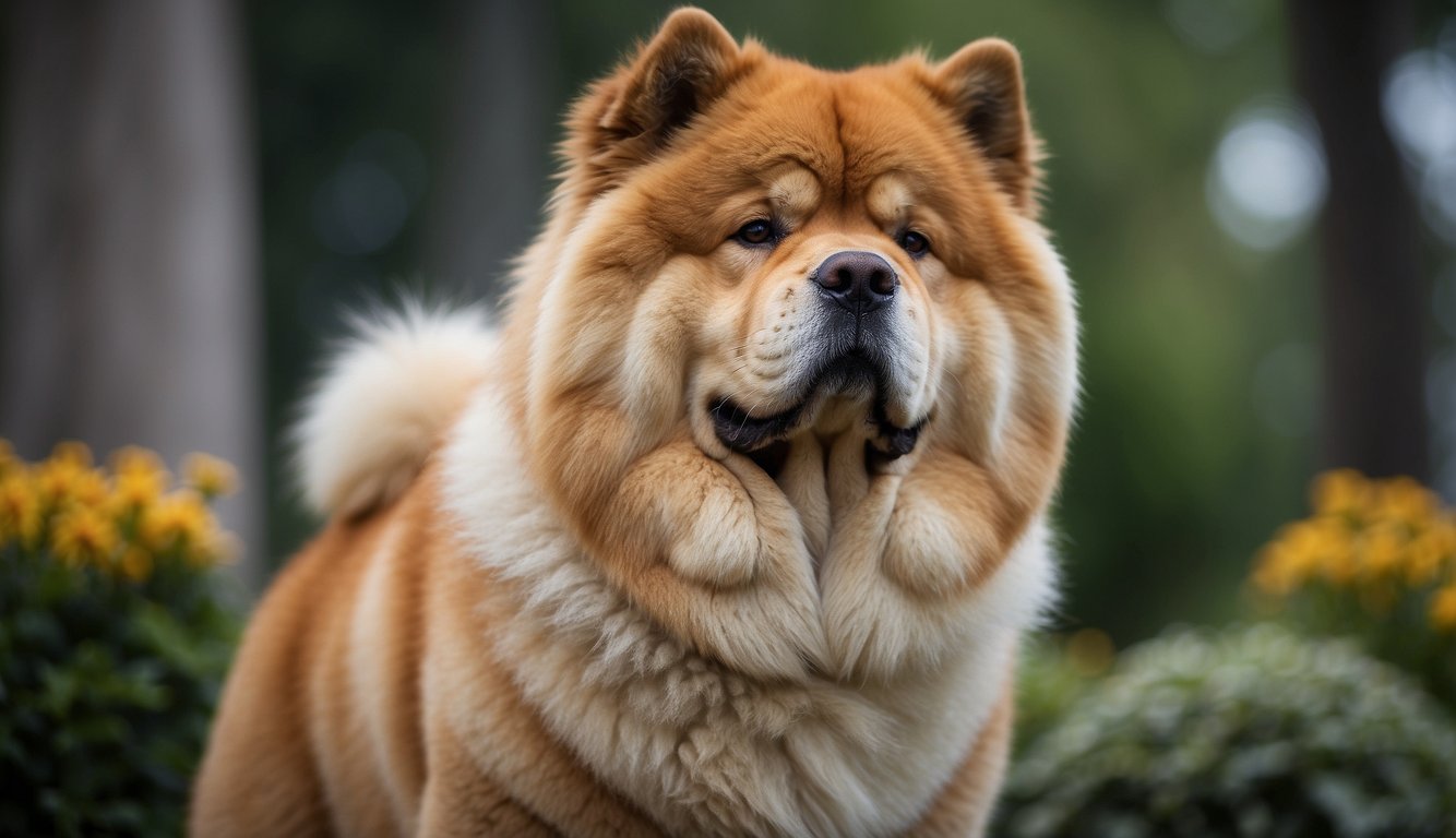 A Chow Chow stands tall and proud next to other pets. Its thick fur and distinctive blue-black tongue set it apart