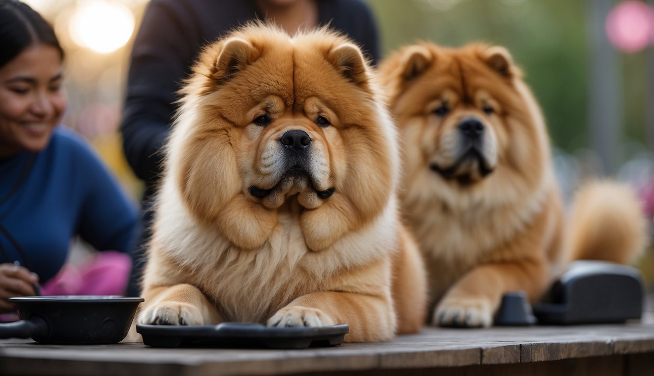 A Chow Chow sits calmly while being groomed next to other pets