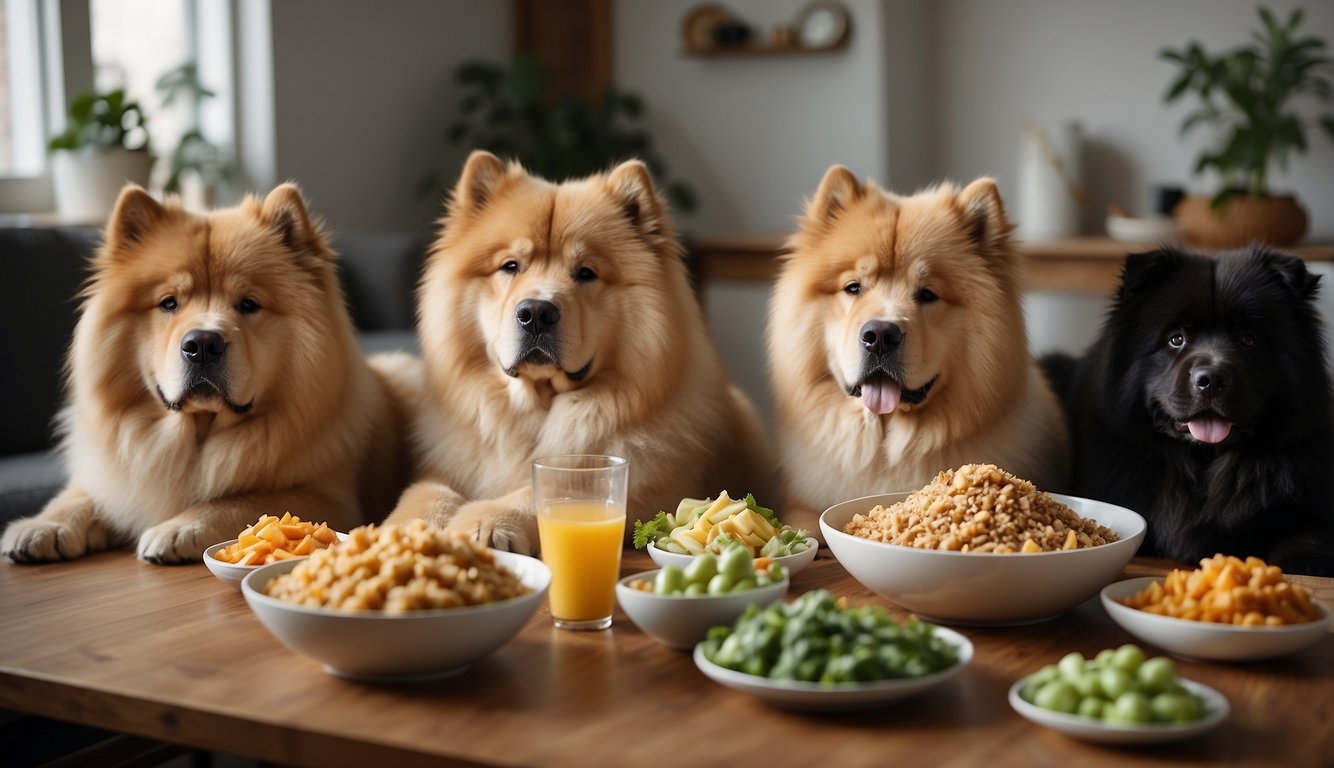 A group of pets, including a Chow Chow, gather around a table filled with bowls of healthy food and water. They eagerly eat and drink, showing signs of good health and nutrition