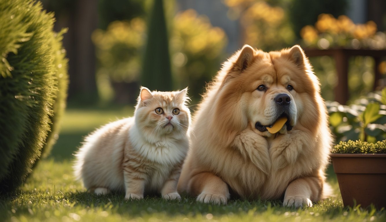 A Chow Chow plays with other pets in a sunny backyard, wagging its tail and sniffing noses with a friendly cat and a curious parrot