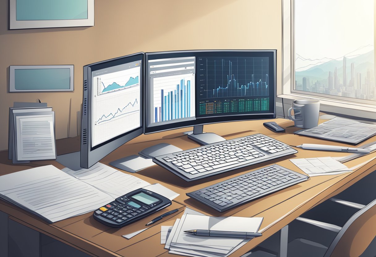 A desk with a computer, financial reports, and a calculator. Graphs and charts showing stock performance and risk analysis