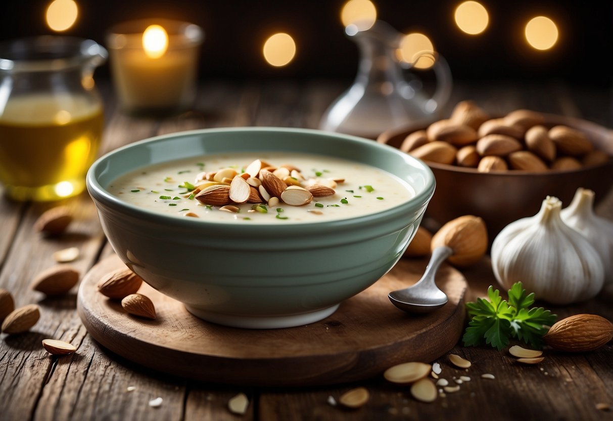 A bowl of chilled almond and garlic soup sits on a rustic wooden table, garnished with a drizzle of olive oil and a sprinkle of chopped almonds