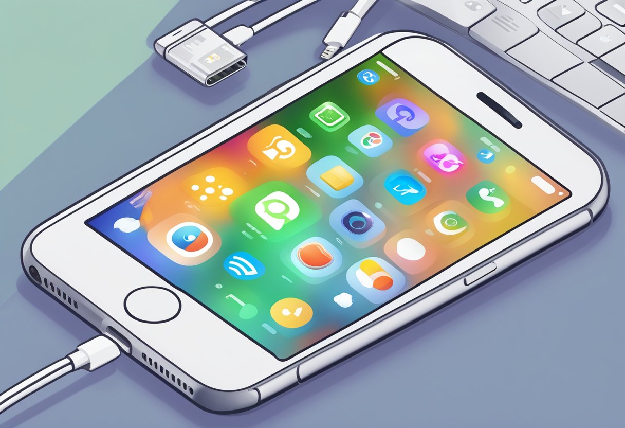 An iPhone with ReiBoot software displayed on the screen, surrounded by various app icons, connected to a computer via USB cable