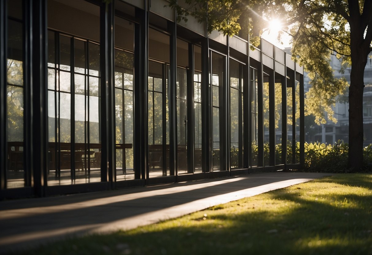 A serene outdoor scene with a building partially shaded by screens, creating a beautiful pattern of light and shadow