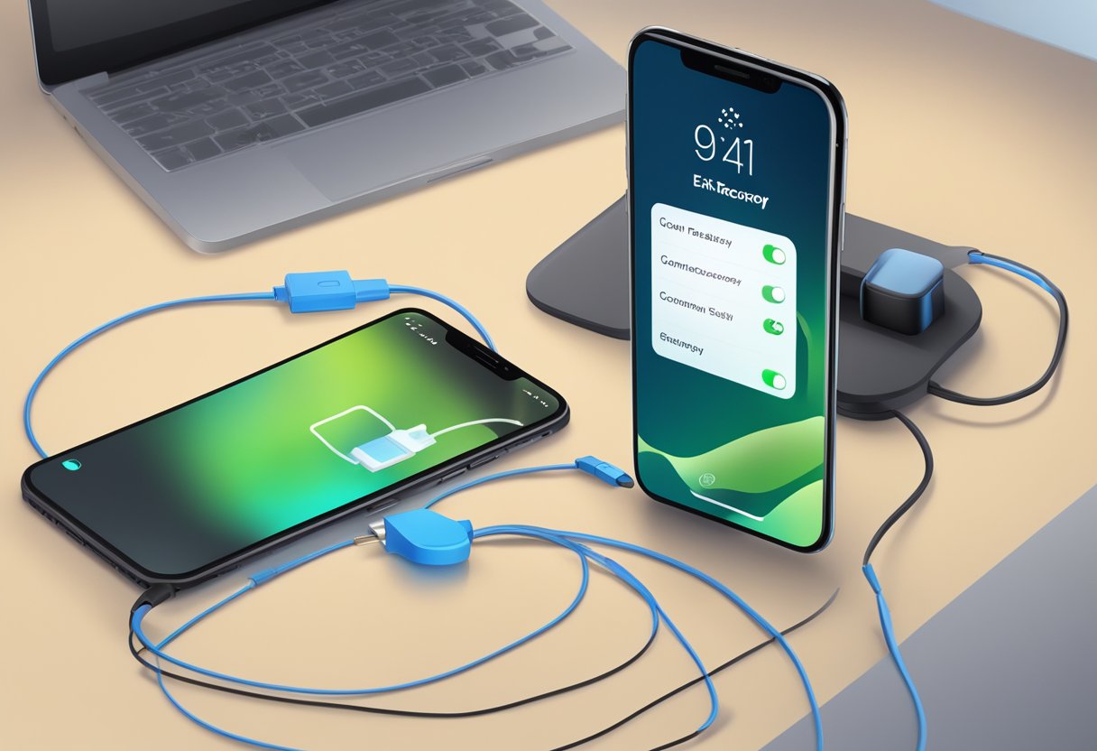 An iPhone screen displays the ReiBoot interface with the "Exit Recovery Mode" option highlighted. The phone is connected to a computer via a USB cable