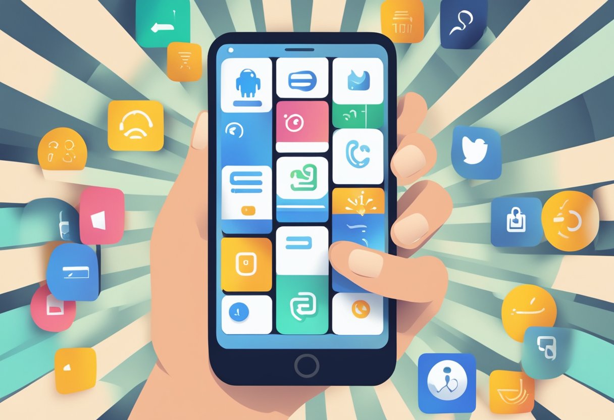 A phone with ReiBoot app displayed, surrounded by thumbs-up and thumbs-down symbols. User's hand reaching for phone