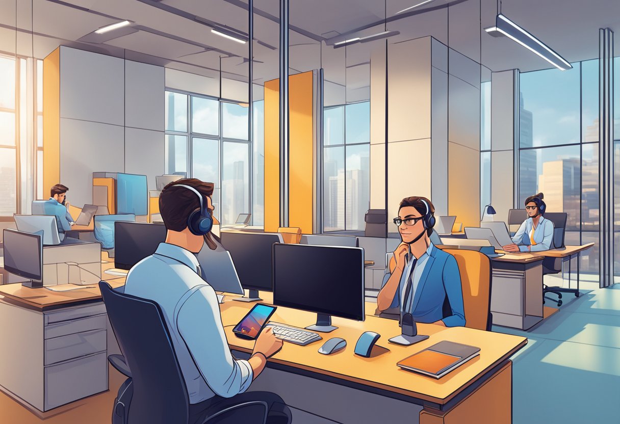 An agent troubleshoots ReiBoot iPhone issues via chat and phone support in a modern, bright office setting