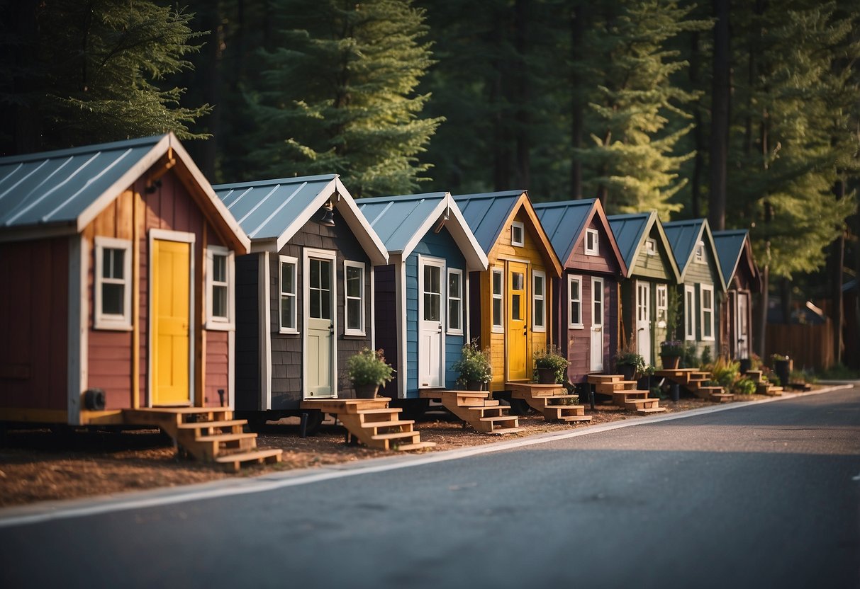 A row of 10 unique tiny houses, each with its own design and color scheme, nestled in a picturesque natural setting