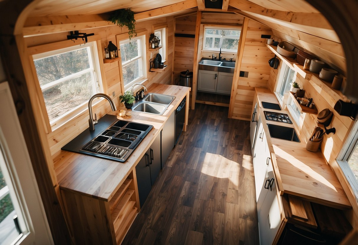 Aerial view of 10 tiny house designs with minimalist furniture and efficient storage solutions. Natural light floods the open floor plans, creating a sense of spaciousness