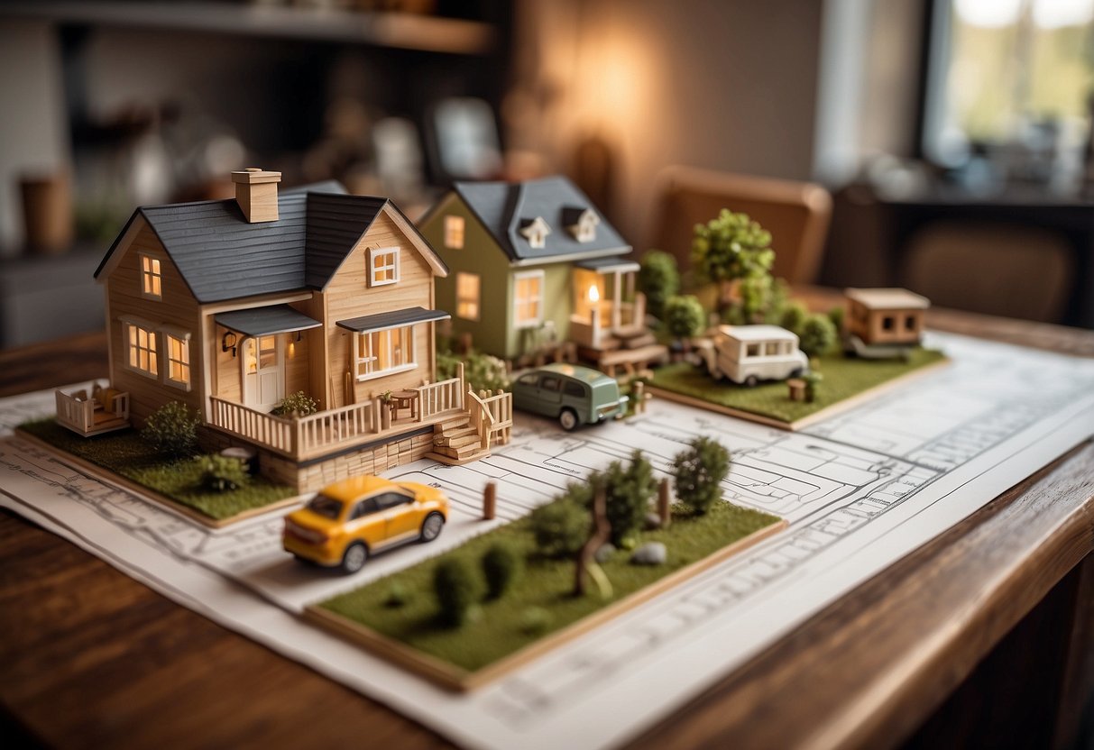 A collection of 10 tiny house designs displayed on a table, with detailed floor plans and miniature furniture for scale. A ruler and pencil sit nearby for measurements