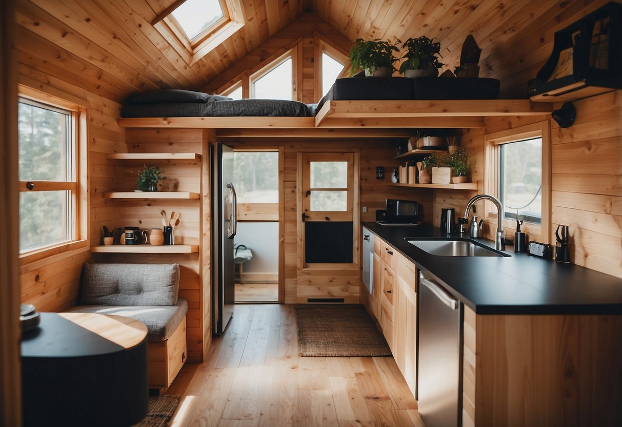 A cozy tiny house with modern design features, including a loft bedroom, efficient kitchen, and multipurpose living space