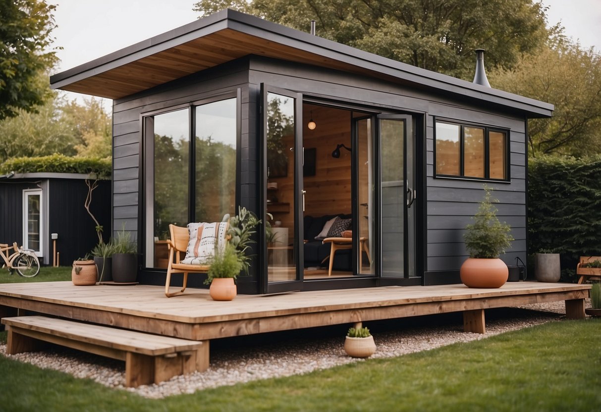 A cozy tiny house with large windows, a spacious loft, and a modern kitchen. Outdoor space includes a small garden and a hammock