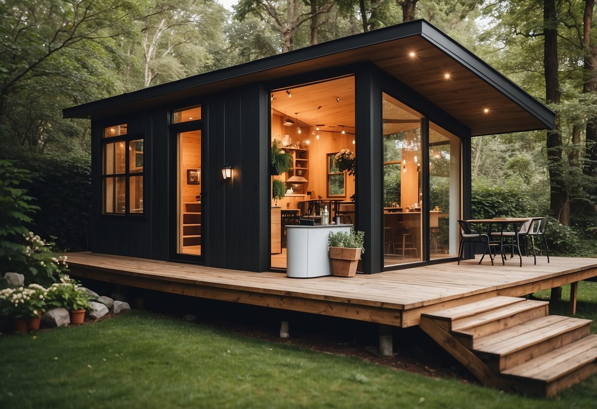 A cozy tiny house with slanted exterior walls, large windows, and a spacious deck, surrounded by lush greenery and a serene natural landscape