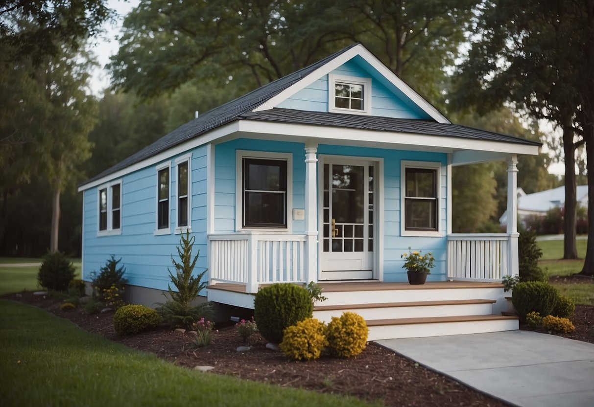 A cozy, baby blue tiny house with a charming front porch and all the modern amenities inside, nestled in a serene natural setting