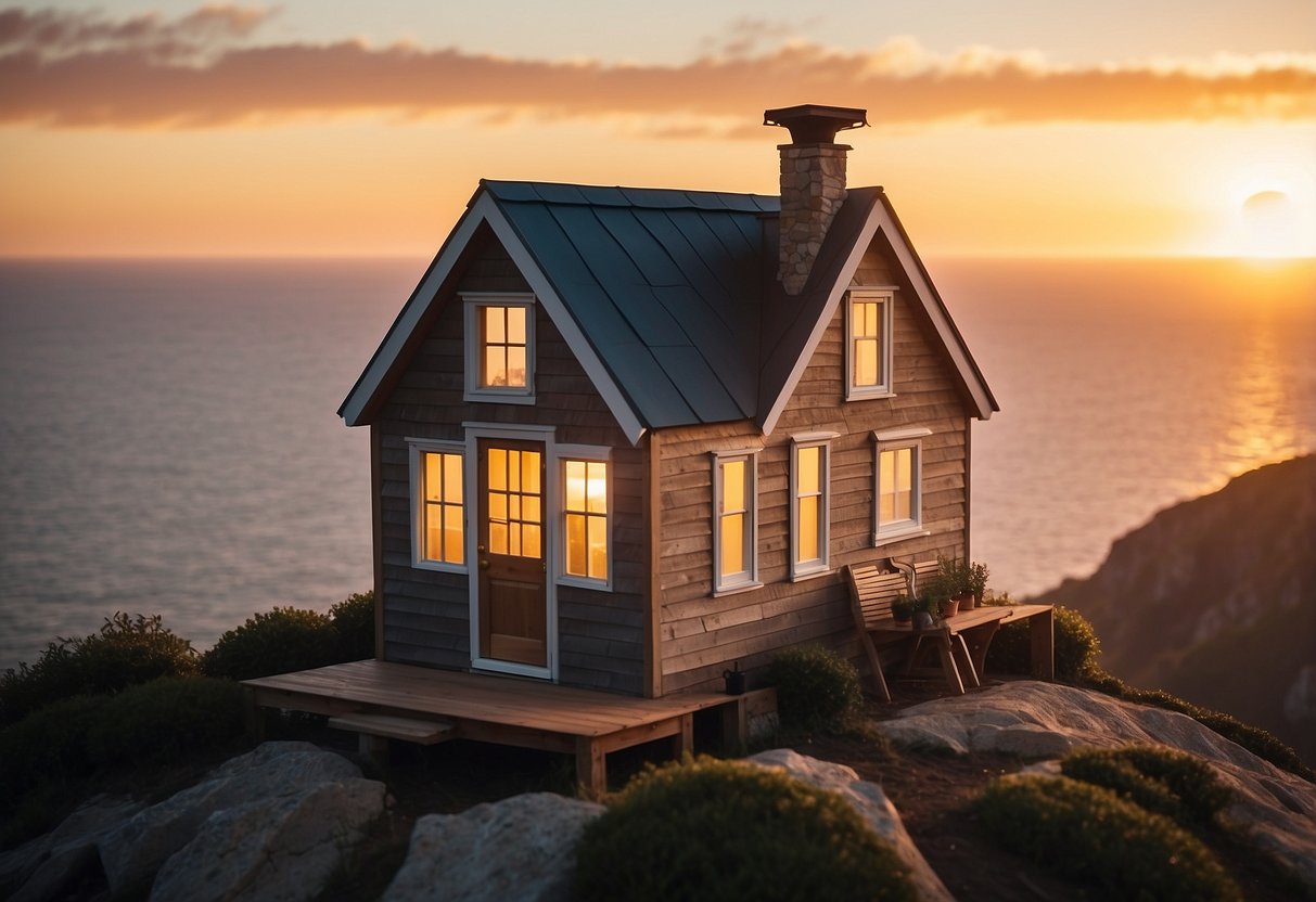 A cozy tiny house sits perched on a cliff overlooking the ocean. The sun sets over the horizon, casting a warm glow on the rustic exterior and surrounding landscape