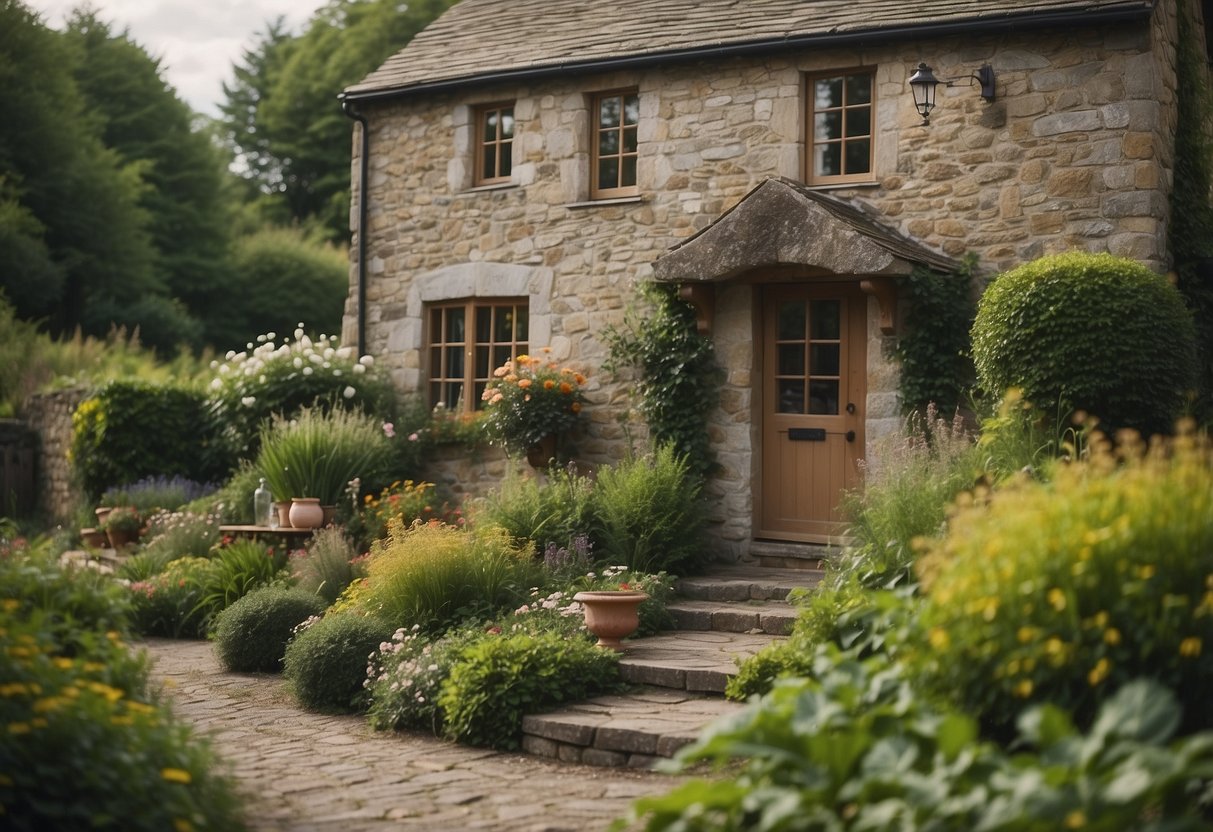 A cozy cottage with a charming porch, surrounded by lush gardens and a winding stone path leading to the front door