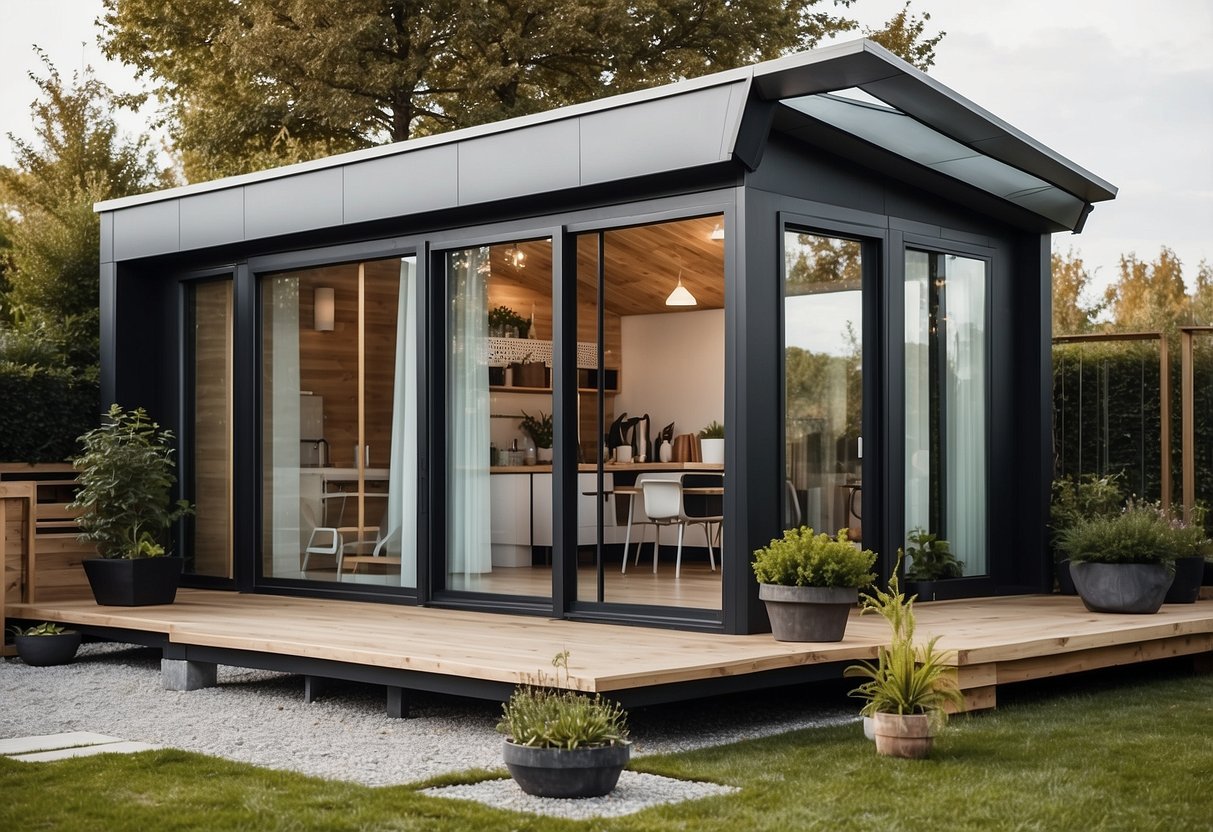 A tiny house with modern design, large windows, and a rooftop garden. Efficient use of space with sleek, minimalist interior