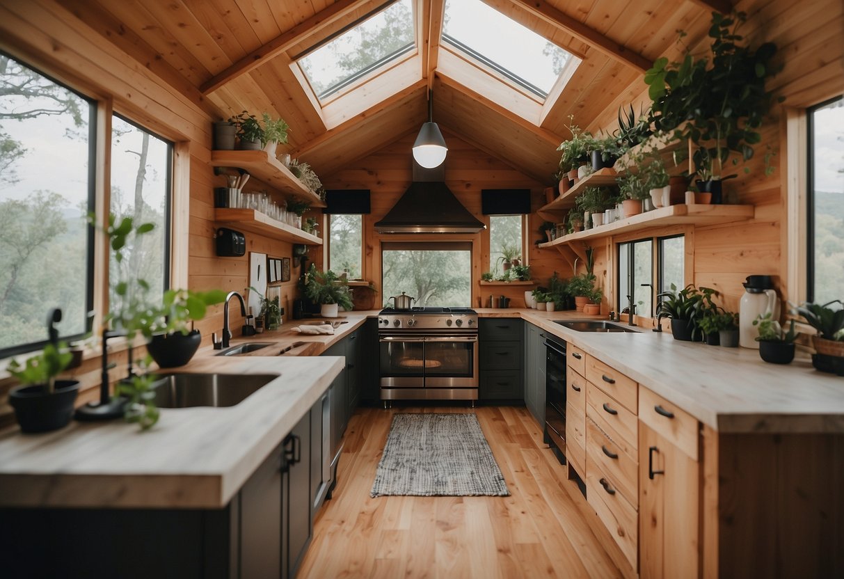 A cozy tiny house with a spacious loft, modern kitchen, and a cozy living area. Surrounded by lush greenery and a small patio for outdoor relaxation