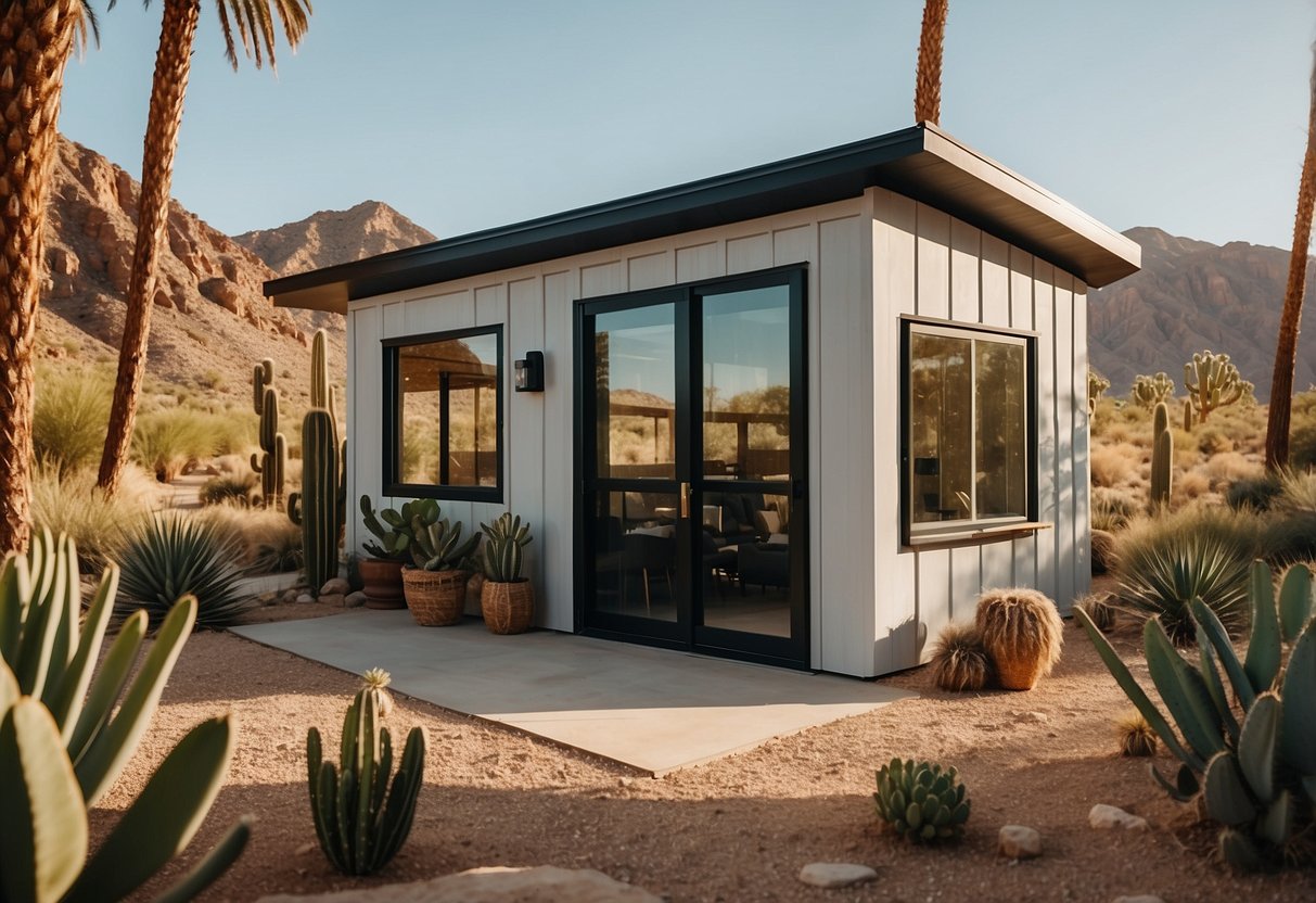 A tiny house nestled in a desert oasis, surrounded by palm trees and cacti. The house features a cozy interior with modern amenities and a tranquil outdoor living space