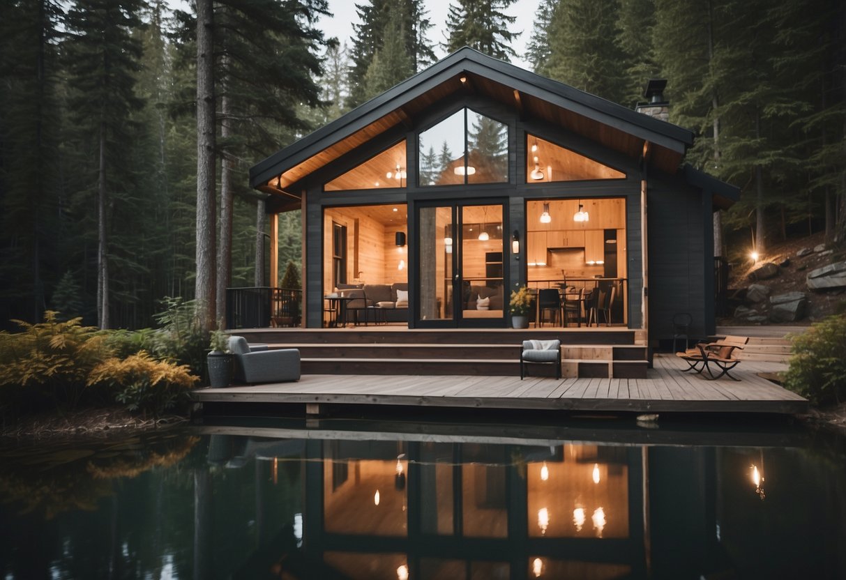 A cozy cabin nestled in the woods, surrounded by tall trees and a serene lake. The tiny house is equipped with modern amenities and a spacious outdoor deck