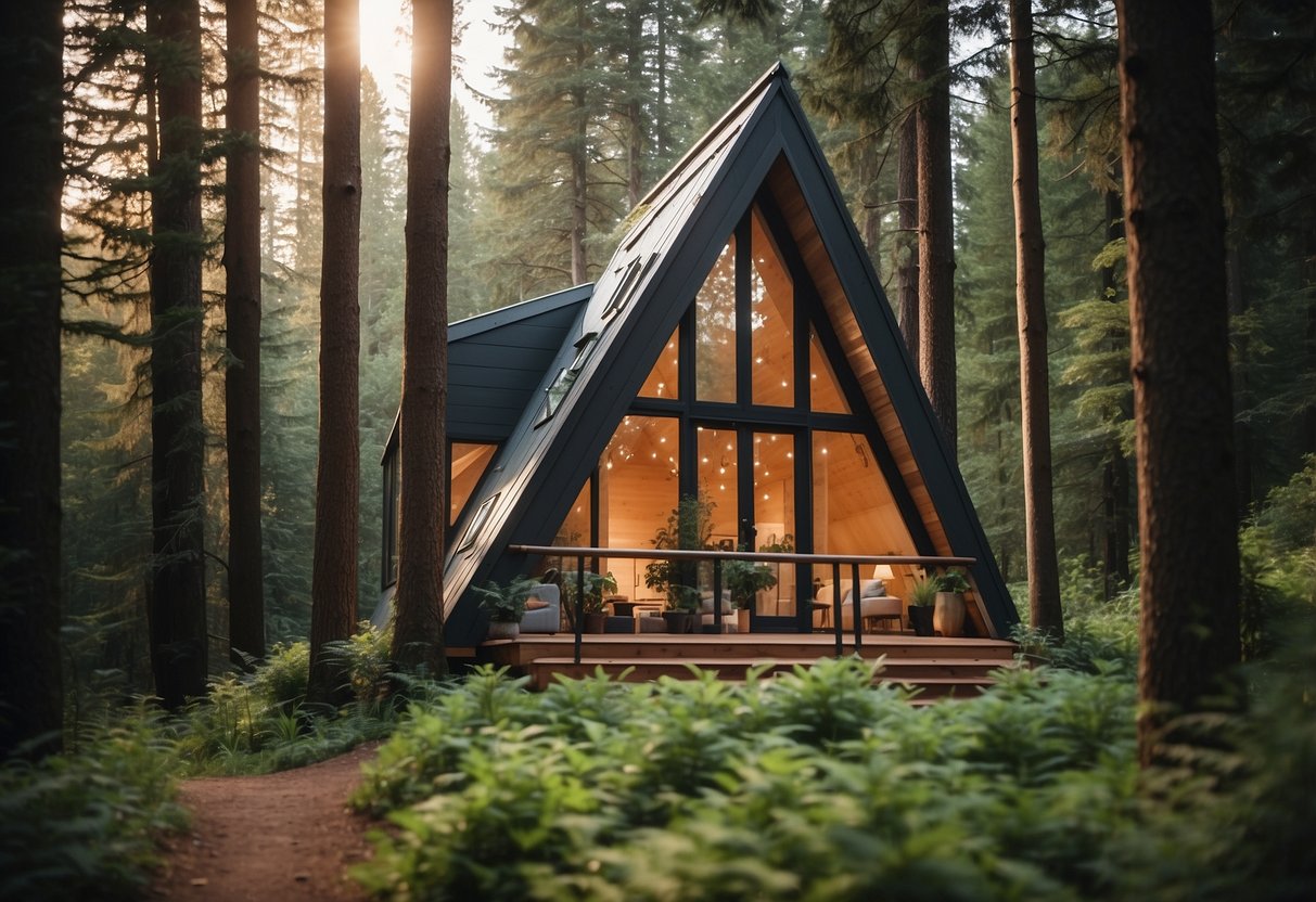 An A-frame tiny house sits nestled on a lush hillside, surrounded by tall trees and a winding path leading up to the front door