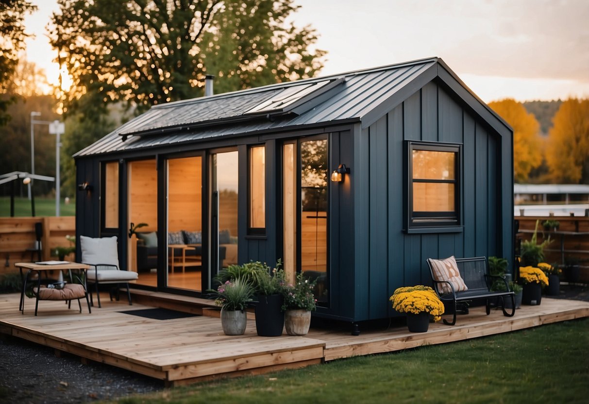 A cozy tiny house with a sleek, modern design. Compact and functional, with a loft bedroom, a small kitchen, and a cozy living area