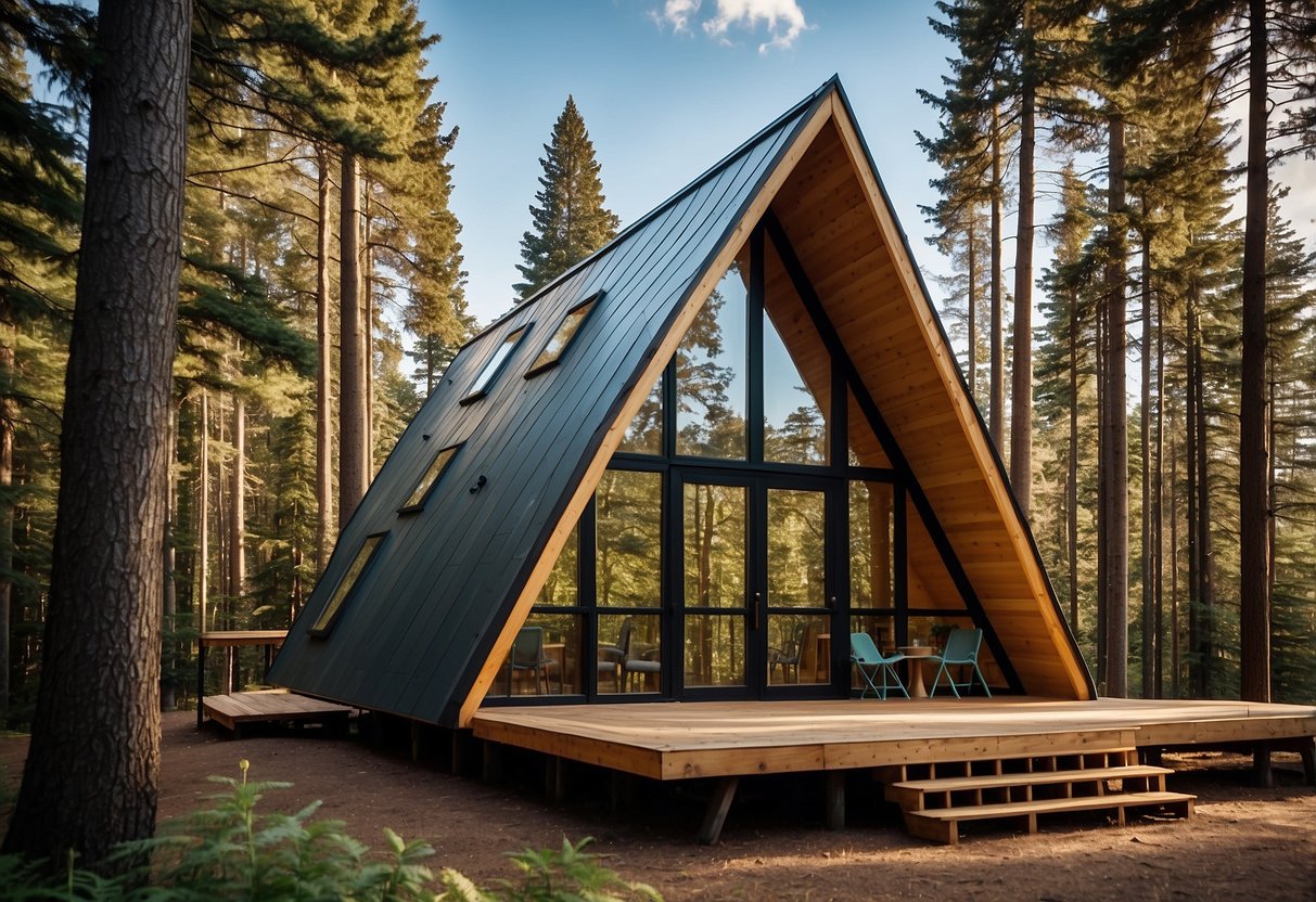 An A-frame tiny house stands boldly in a lush forest, with large windows and a spacious deck, surrounded by towering trees and a clear blue sky