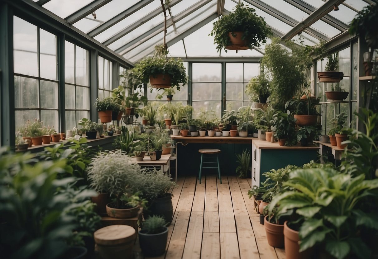 A cozy greenhouse tiny house with lush plants, large windows, and modern amenities