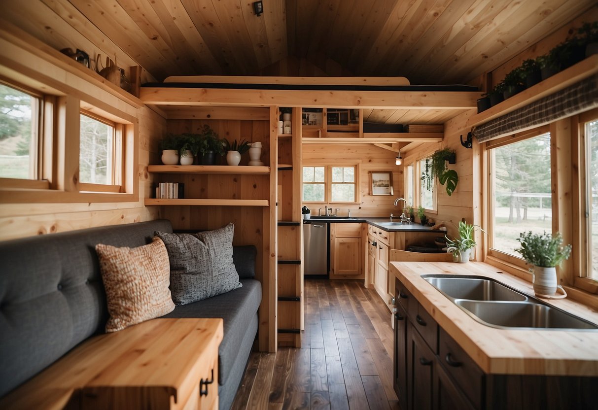 A cozy tiny house with a loft bedroom, full kitchen, and spacious living area. Large windows let in natural light, and a small porch offers outdoor relaxation