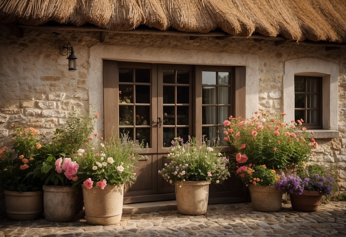 A cozy French cottage with flower-filled window boxes, a rustic stone exterior, and a charming thatched roof