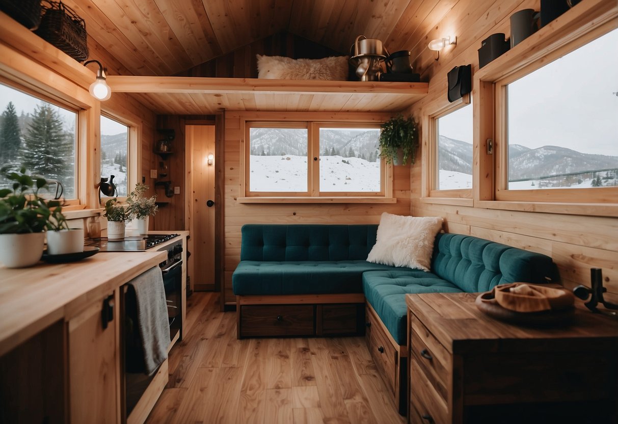 A cozy tiny house with modern design, featuring a spacious living area, a fully-equipped kitchen, a comfortable bedroom, and a stylish bathroom