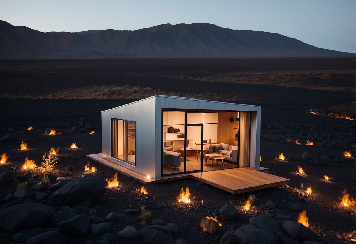 A tiny house nestled in a vast lava field, featuring modern design, large windows, and a cozy outdoor space