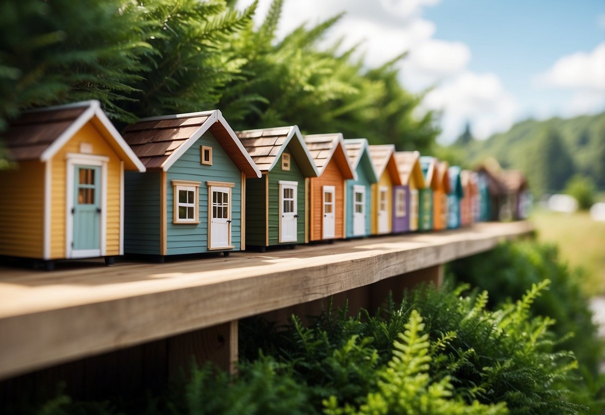 A row of charming tiny houses nestled among lush green trees, each with unique designs and colorful exteriors, creating a cozy and inviting community