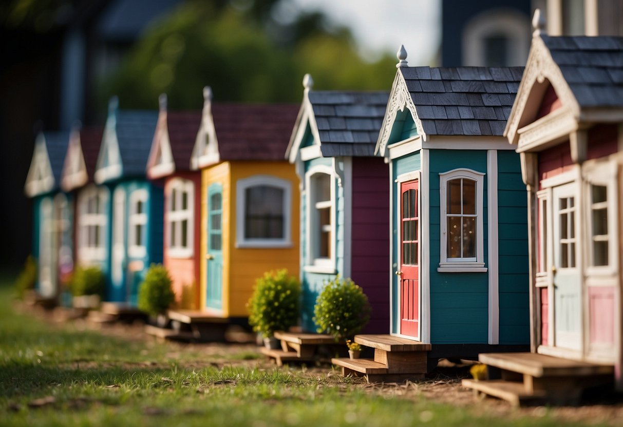 A row of charming, colorful Folk Victorian tiny houses, freshly restored with intricate detailing and inviting front porches