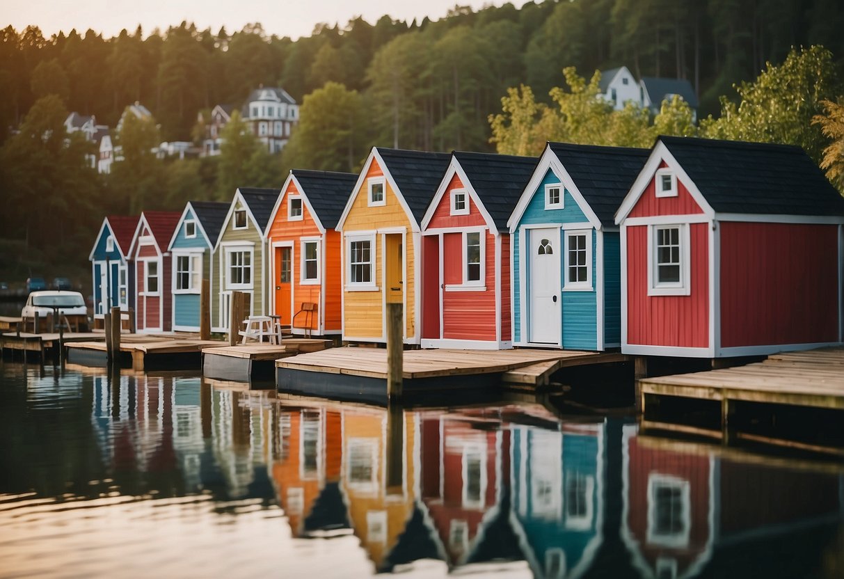 A row of charming boathouse-inspired tiny houses nestled by the water, with colorful facades and quaint details, beckoning visitors to imagine a cozy lakeside retreat