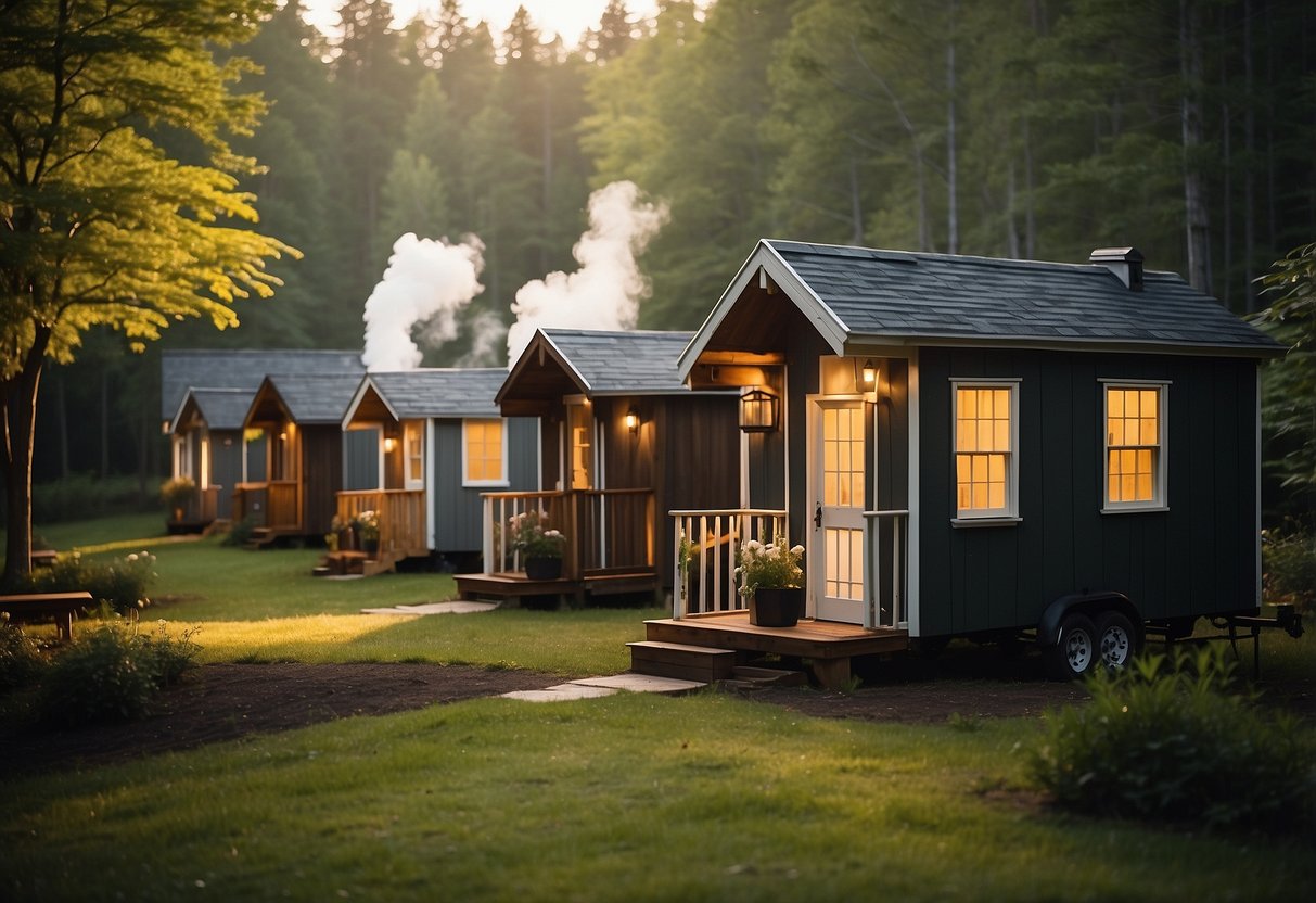 A cluster of charming tiny houses nestled in a tranquil, wooded setting, with smoke curling from the chimneys and warm light glowing from the windows