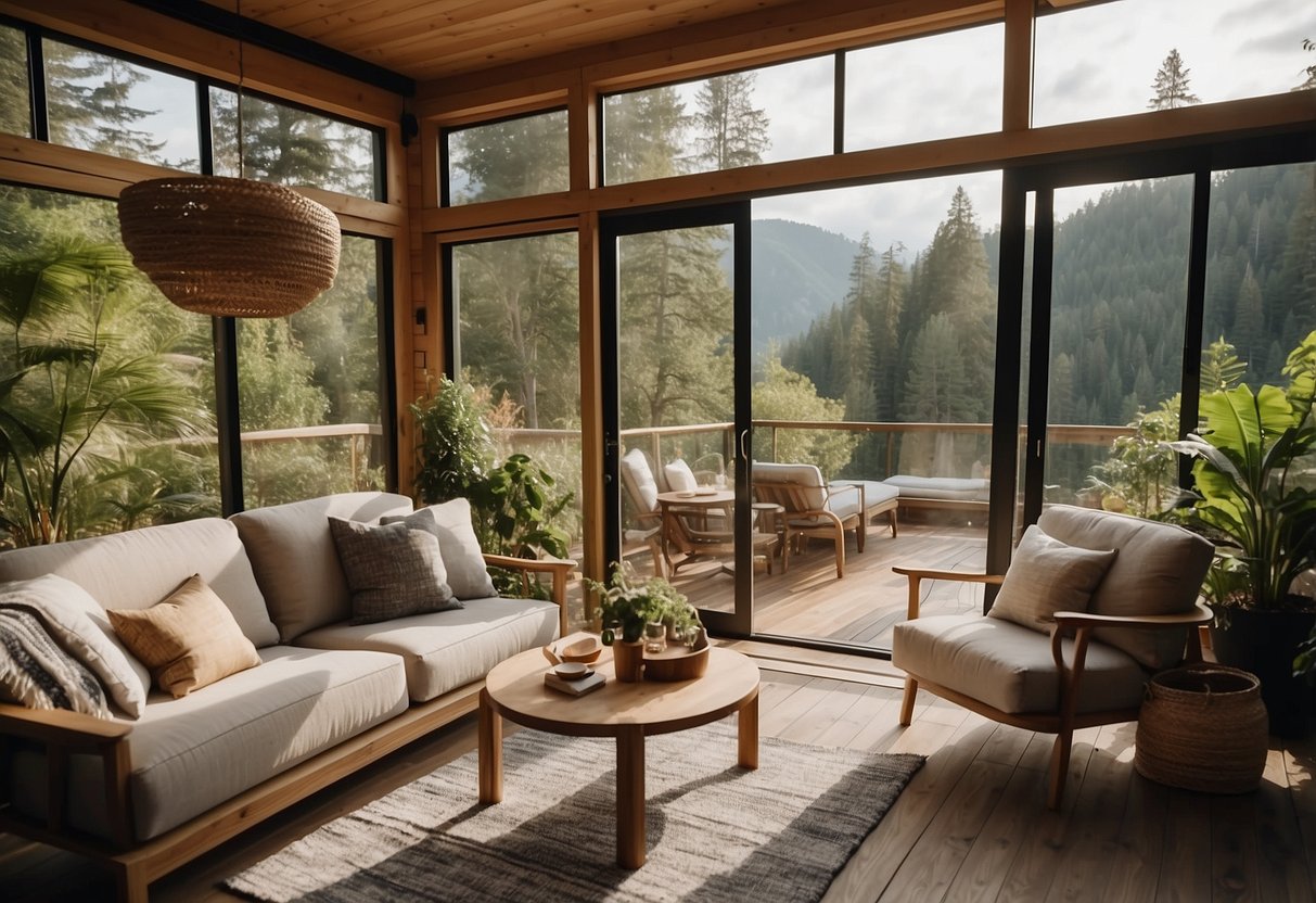 An open air living room with cozy tiny houses nestled among lush greenery, inviting you to relax and soak in the natural surroundings