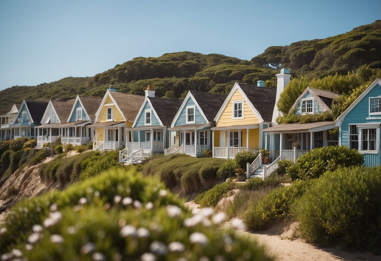 A row of colorful coastal cottages sit nestled by the ocean, each adorned with charming details and surrounded by lush greenery
