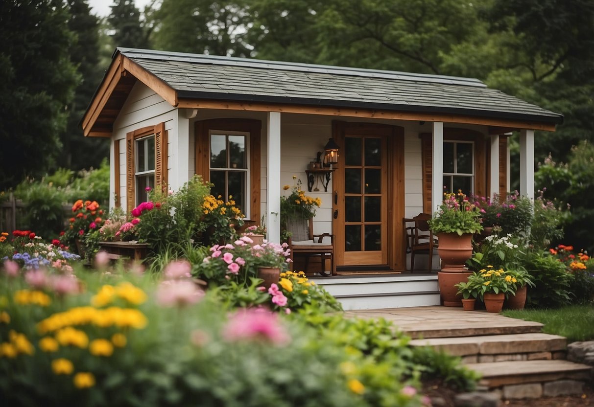 A cozy tiny house nestled in a lush garden, with a charming front porch and colorful flowers blooming in the yard