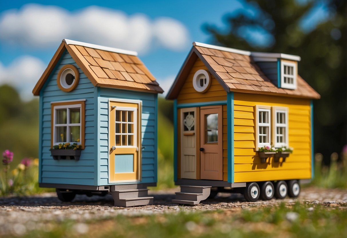 Two charming tiny houses stand side by side, each with a unique design and vibrant colors. The surrounding landscape is lush and inviting, with a clear blue sky overhead