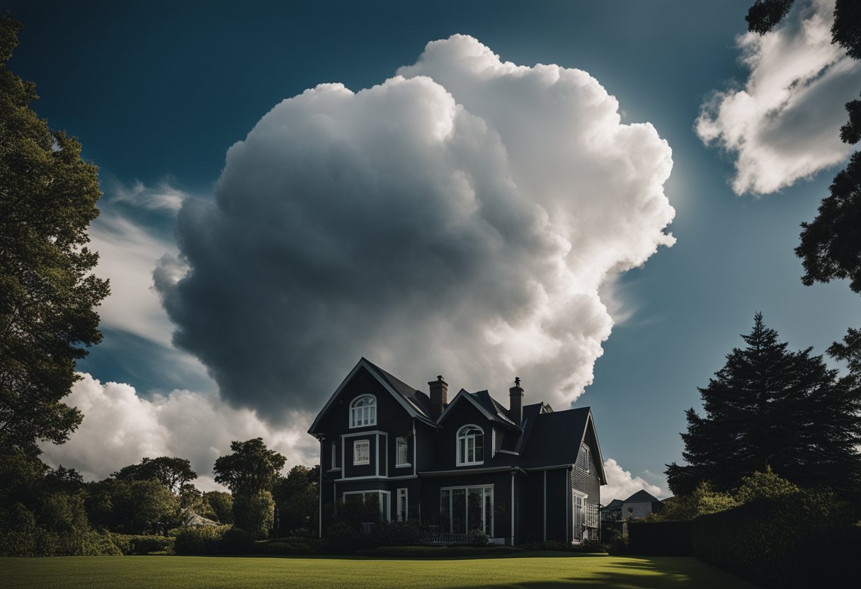 A dark, swirling cloud looms over a peaceful home, casting a shadow and causing unease. Negative energy seeps into the atmosphere, disrupting the harmony of the space