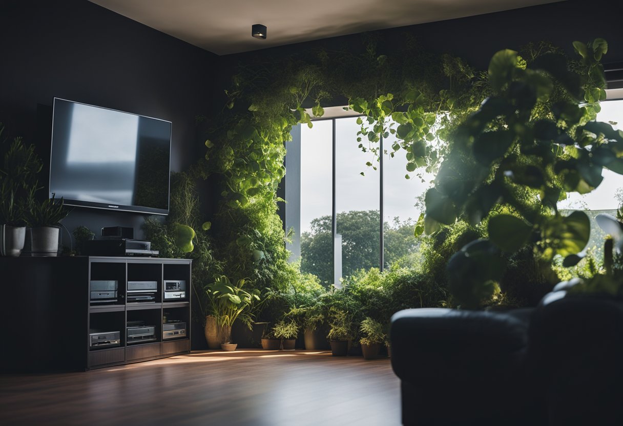 A dark, swirling energy surrounds a peaceful home, causing plants to wither and electronics to malfunction. A sense of unease permeates the atmosphere, as the negative energies disrupt the harmony of the domestic environment