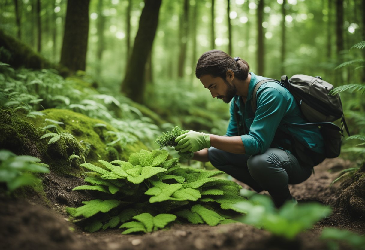 A geobiologist studies rocks and plants in a lush, green forest. The scientist carefully examines the soil and flora, surrounded by diverse wildlife