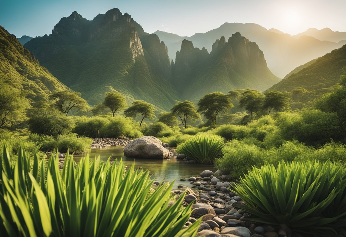 A lush, green landscape with diverse plant and animal life, set against a backdrop of geological formations such as mountains, rivers, and rock formations