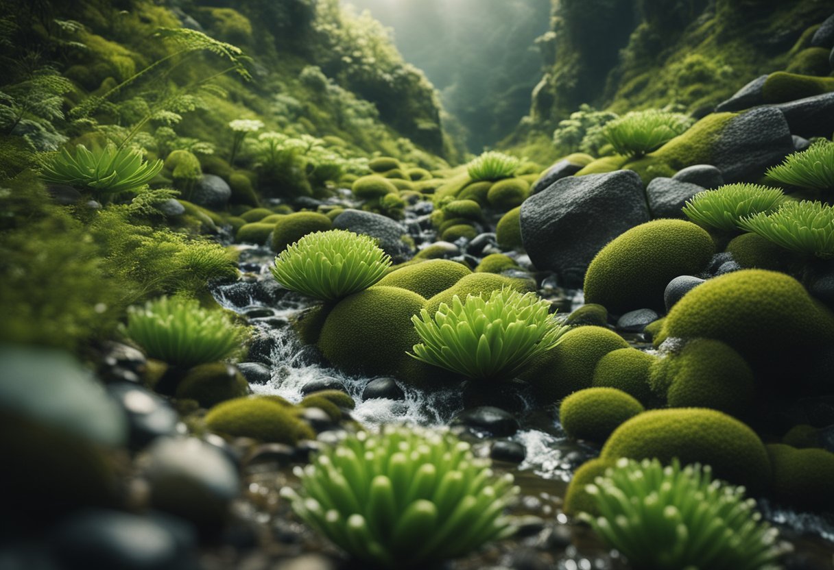 A vibrant ecosystem of plants, animals, and microorganisms interacting in a geological landscape, showcasing the study of geobiology