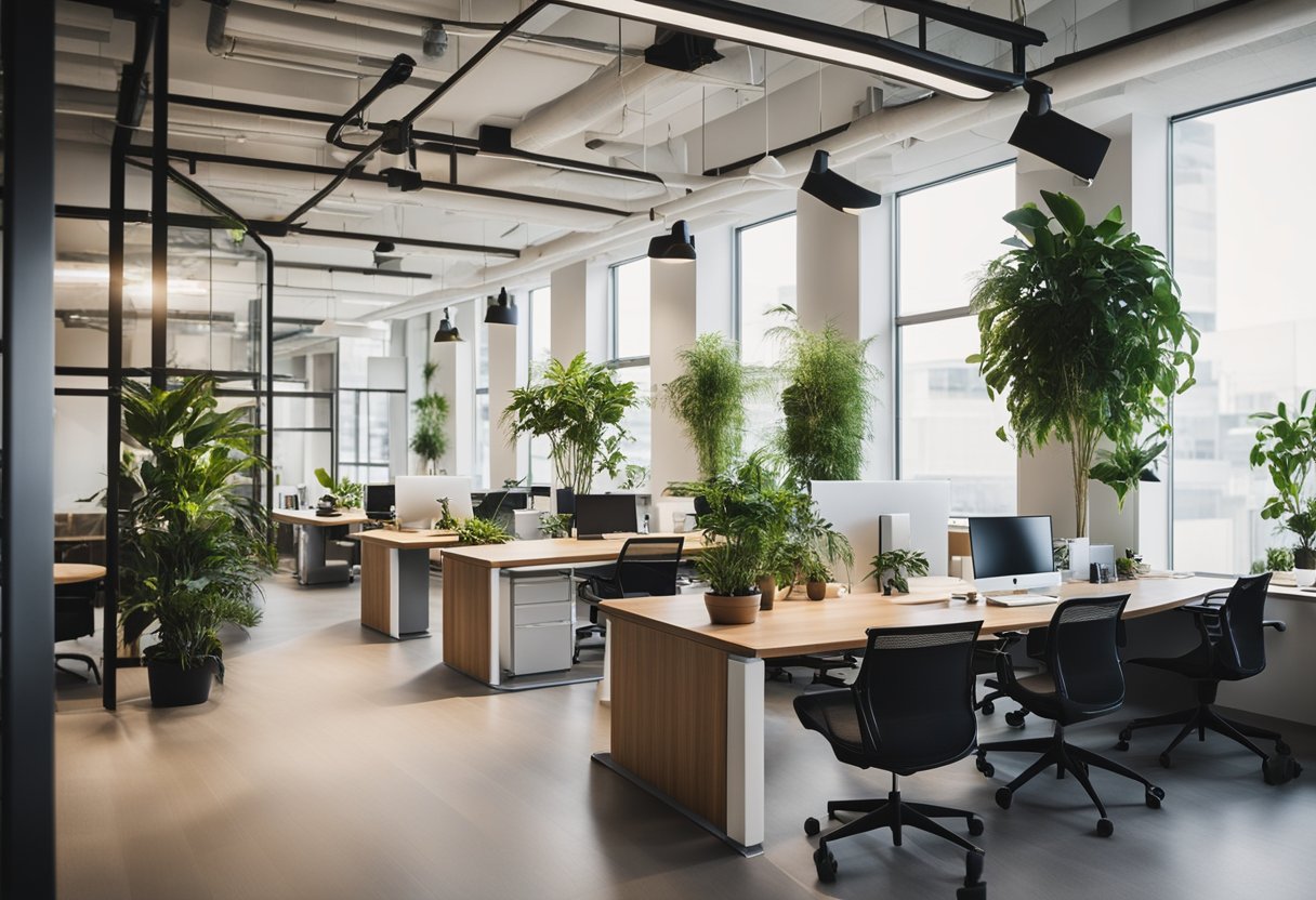 A serene office space with natural elements, such as plants and natural light, creating a harmonious and balanced environment