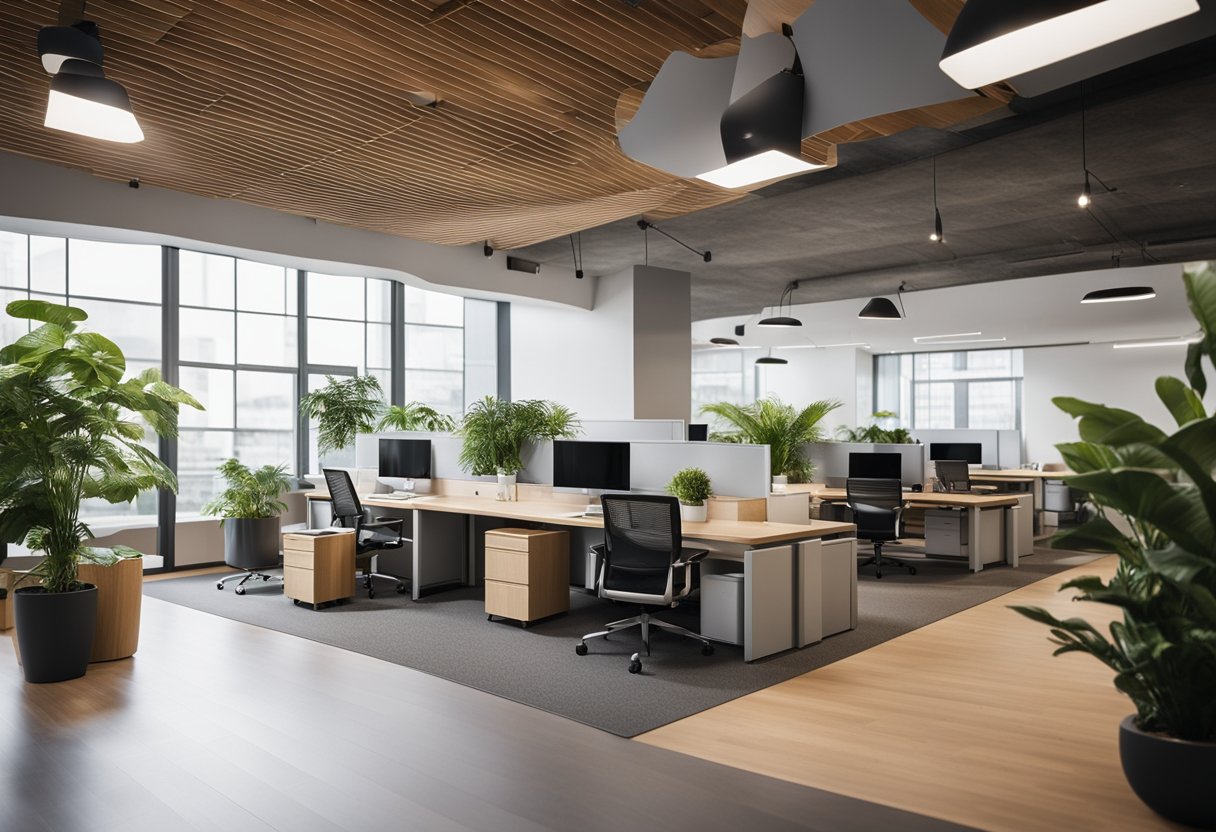 An office space with natural elements integrated, such as plants, natural light, and ergonomic furniture, promoting a healthy and balanced work environment